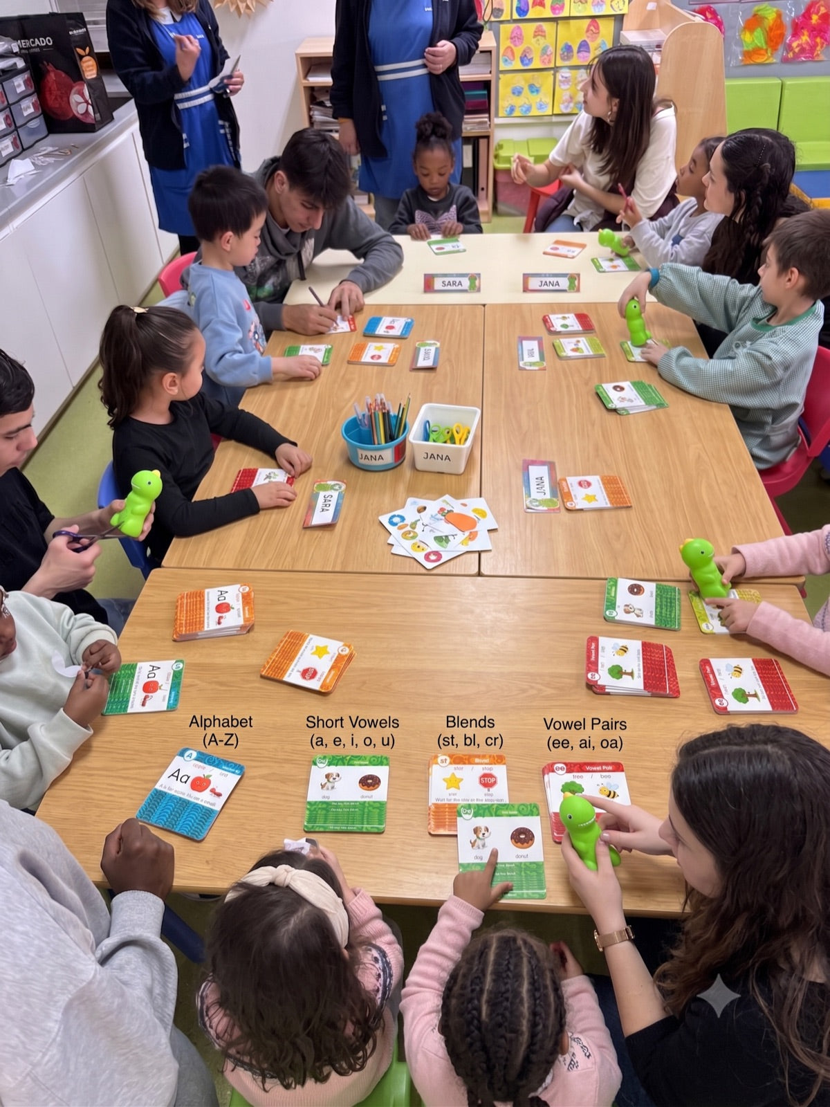 Kindergarten class using PhonicsBuddy dinos and color-coded phonics cards around a table
